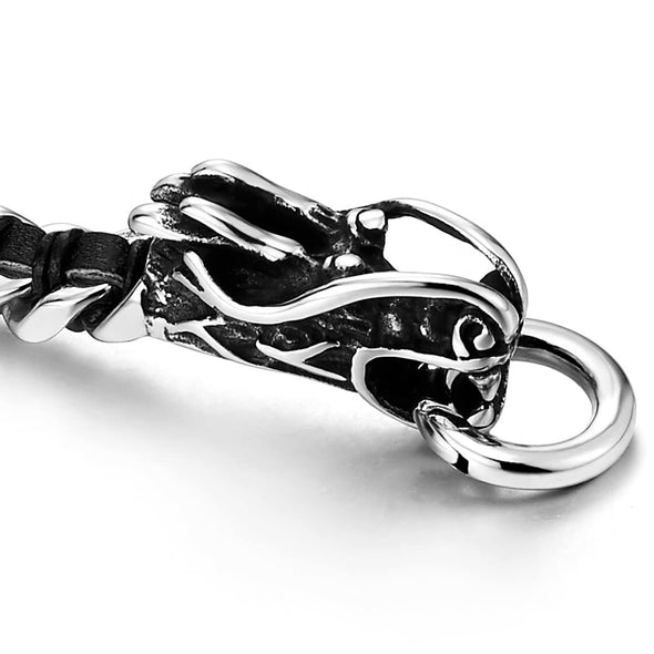 Stainless Steel Mens Dragon Curb Chain Bracelet Interwoven with Black Genuine Leather Strap - COOLSTEELANDBEYOND Jewelry