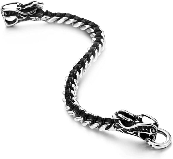 Stainless Steel Mens Dragon Curb Chain Bracelet Interwoven with Black Genuine Leather Strap - COOLSTEELANDBEYOND Jewelry