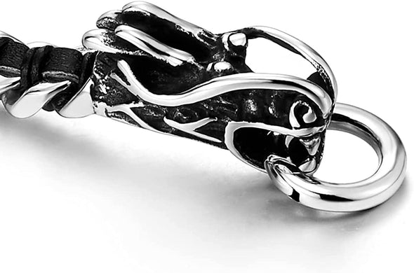 Stainless Steel Mens Dragon Curb Chain Bracelet Interwoven with Black Genuine Leather Strap - COOLSTEELANDBEYOND Jewelry