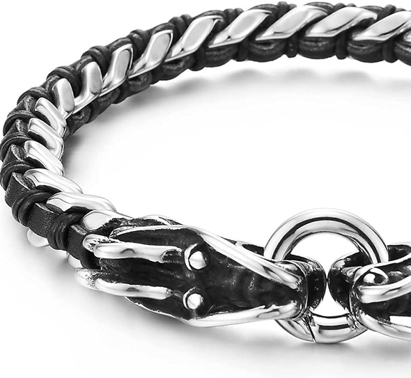 Stainless Steel Mens Dragon Curb Chain Bracelet Interwoven with Black Genuine Leather Strap - COOLSTEELANDBEYOND Jewelry