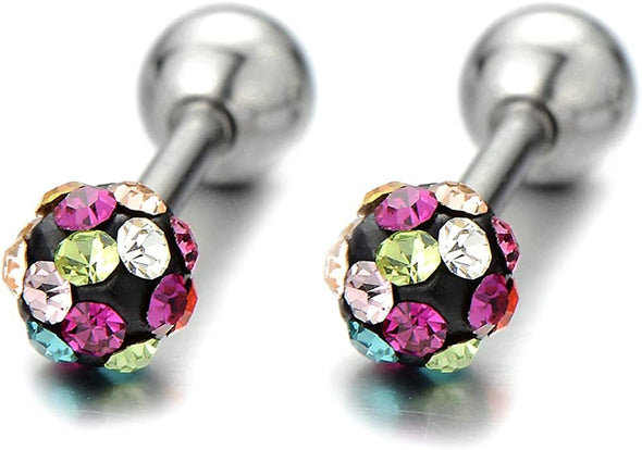 Stainless Steel Womens Ball Stud Earrings Screw Back with Colorful Cubic Zirconia, 2pcs - COOLSTEELANDBEYOND Jewelry