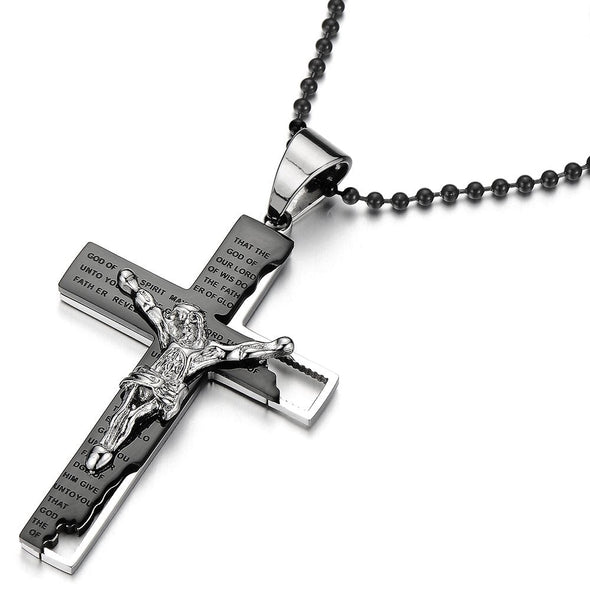 Steel Jesus Christ Mens Crucifix Cross Pendant Necklace Silver Black Two-Tone 23.6 inches Ball Chain - COOLSTEELANDBEYOND Jewelry
