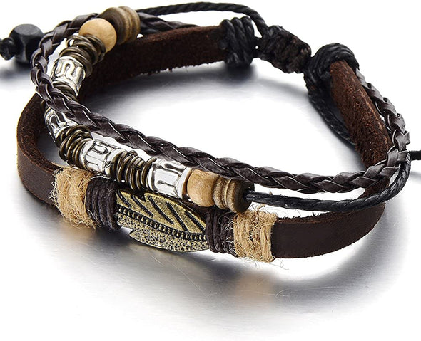 Tribal Tibetan Multi-Strand Brown Leather Bracelet for Men Women Leather Wristband Wrap Bracelet - COOLSTEELANDBEYOND Jewelry