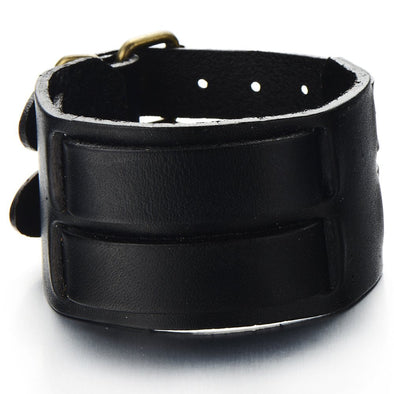 Wide Mens Leather Bracelet Genuine Black Leather Bangle with Two Buckle Clasps - COOLSTEELANDBEYOND Jewelry