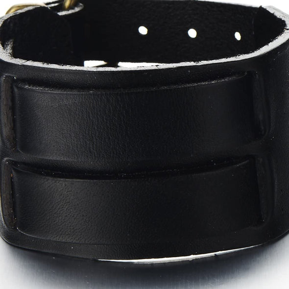 Wide Mens Leather Bracelet Genuine Black Leather Bangle with Two Buckle Clasps - COOLSTEELANDBEYOND Jewelry