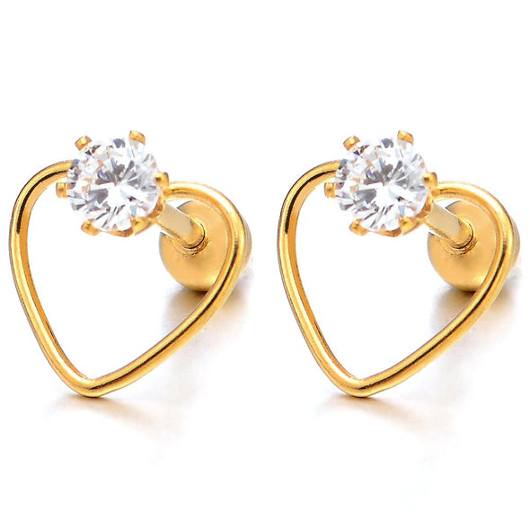 Womens Steel Gold Color Open Heart Stud Earrings with Cubic Zirconia, Screw Back, 2Pcs - COOLSTEELANDBEYOND Jewelry