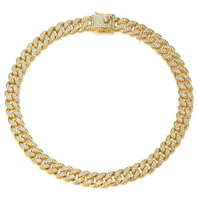 13MM Wide 18 Inches Mens Women Gold Color Curb Chain Miami Cuban Chain Necklace with Rhinestones - COOLSTEELANDBEYOND Jewelry