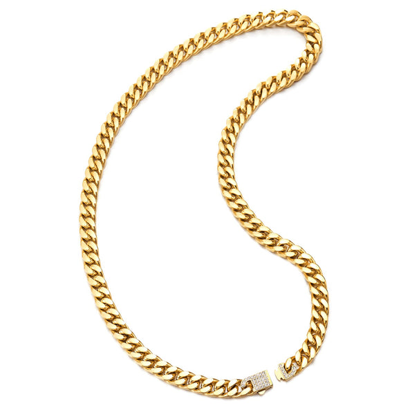 9MM 23.6 Inches Mens Women Steel Gold Color Curb Chain Miami Cuban Chain Necklace with Cubic Zirconia - COOLSTEELANDBEYOND Jewelry