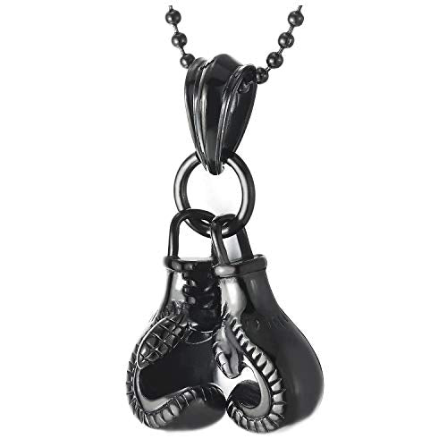 A Pair Black Steel Mens Boxing Glove Pendant Necklace with 23.6 inches Steel Ball Chain