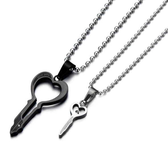 A Pair Key Pendant Necklace for Lovers for Couples Stainless Steel Silver Black Tow-tone - COOLSTEELANDBEYOND Jewelry