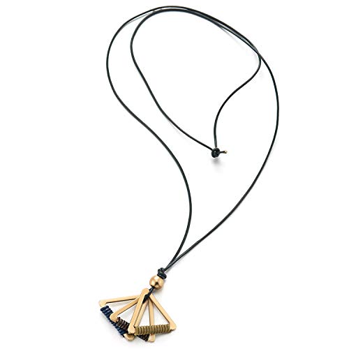 Art Deco Statement Necklace Long Leather Rope Gold Color Triangle Charm Pendant with Leather String - coolsteelandbeyond