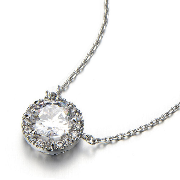 Beautiful 7mm Cz Cubic Zirconia Round Solitaire Necklace with 17 Inches Chain - COOLSTEELANDBEYOND Jewelry