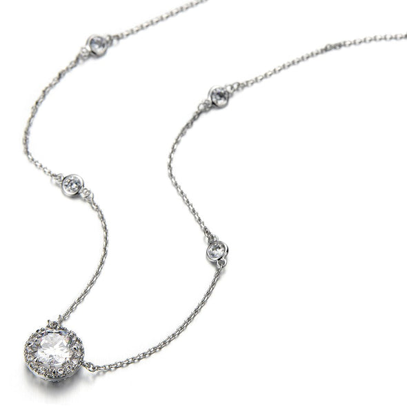 Beautiful 7mm Cz Cubic Zirconia Round Solitaire Necklace with 17 Inches Chain - COOLSTEELANDBEYOND Jewelry