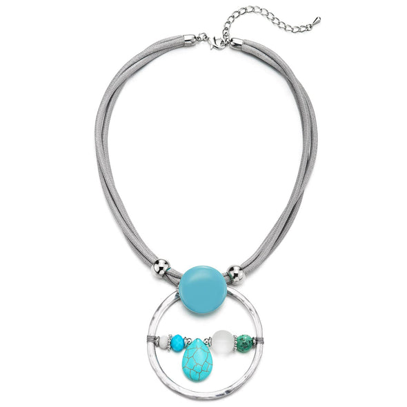 Beautiful Turquoise Gem Stone Chain Circle Charm Cotton Rope Chocker Collar Necklace Light Grey Blue