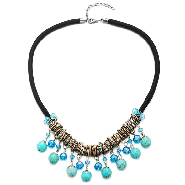 Black Choker Bib Collar Necklace with Dangling Blue Stone Beads Tassel Pendant - COOLSTEELANDBEYOND Jewelry