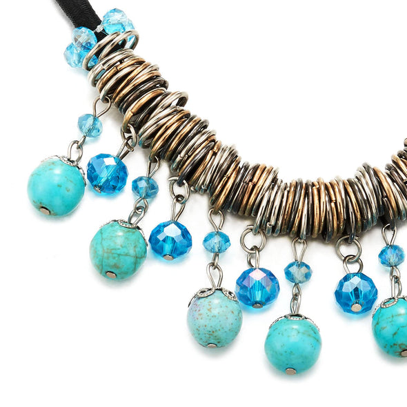 Black Choker Bib Collar Necklace with Dangling Blue Stone Beads Tassel Pendant - COOLSTEELANDBEYOND Jewelry