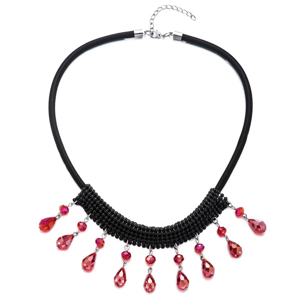 Black Choker Bib Collar Necklace with Dangling Shinny Red Crystal Beads Tassel Pendant - COOLSTEELANDBEYOND Jewelry