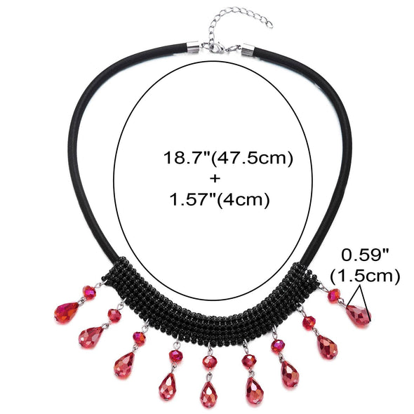 Black Choker Bib Collar Necklace with Dangling Shinny Red Crystal Beads Tassel Pendant - COOLSTEELANDBEYOND Jewelry