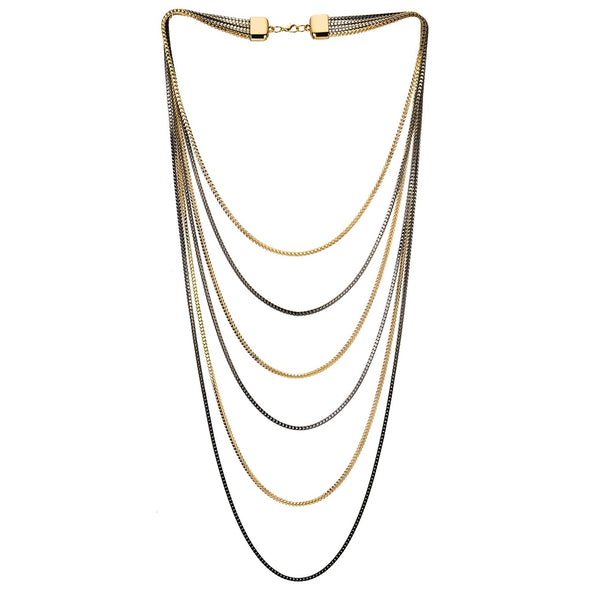 Black Gold Statement Choker Collar Necklace Waterfall Multi-Strand Box Chains Pendant, Dress - COOLSTEELANDBEYOND Jewelry