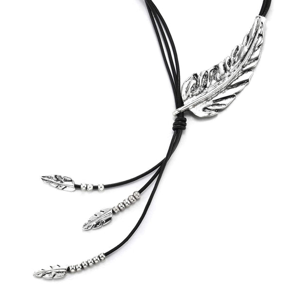Black Leather Rope Choker Collar Necklace Silver Color Leaf Petal Tassel Pendant, Lariat Necklace - coolsteelandbeyond