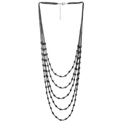 Black Oval Beads Statement Necklace Multi-Strand Long Chains with Crystal Charms Pendant - COOLSTEELANDBEYOND Jewelry
