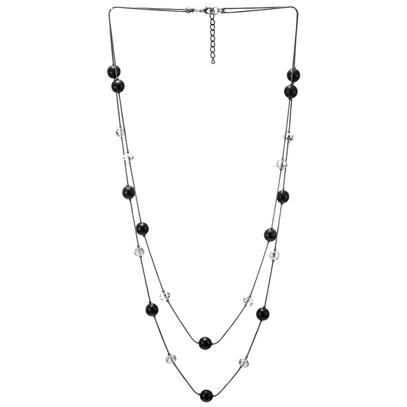 Black Statement Necklace Two-Strand Long Chains with Transparent Crystal Beads Charms, Fashionable - COOLSTEELANDBEYOND Jewelry
