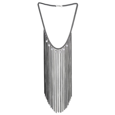Bohemian Silver Black Collar Necklace Multi-Layer Cubic Zirconia Chains Waterfall Tassel Pendant Bib - COOLSTEELANDBEYOND Jewelry
