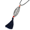 Bohemian Statement Necklace Long Chain Y-Shape with Textured Olive Shape Pendant and Tassel - COOLSTEELANDBEYOND Jewelry