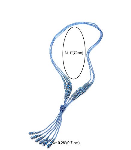 Boho Chic Lariat Necklace Tassel Pendant Pastel Blue Crystal Bead Three-strand Long Chain Y-Shape - coolsteelandbeyond