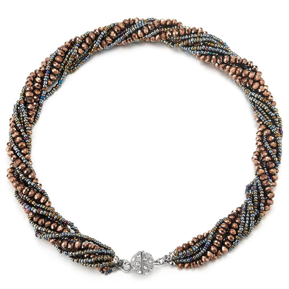 Brown Gold Statement Necklace Multi-Layer Beads Crystal Braided Chain Choker Collar Magnetic Clasp - COOLSTEELANDBEYOND Jewelry