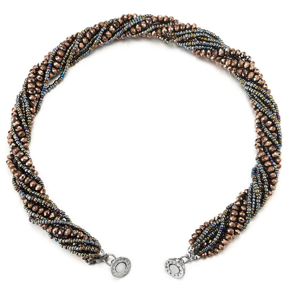 Brown Gold Statement Necklace Multi-Layer Beads Crystal Braided Chain Choker Collar Magnetic Clasp - COOLSTEELANDBEYOND Jewelry