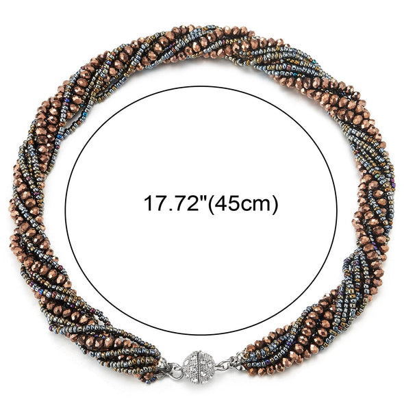 Brown Gold Statement Necklace Multi-Layer Beads Crystal Braided Chain Choker Collar Magnetic Clasp - COOLSTEELANDBEYOND Jewelry