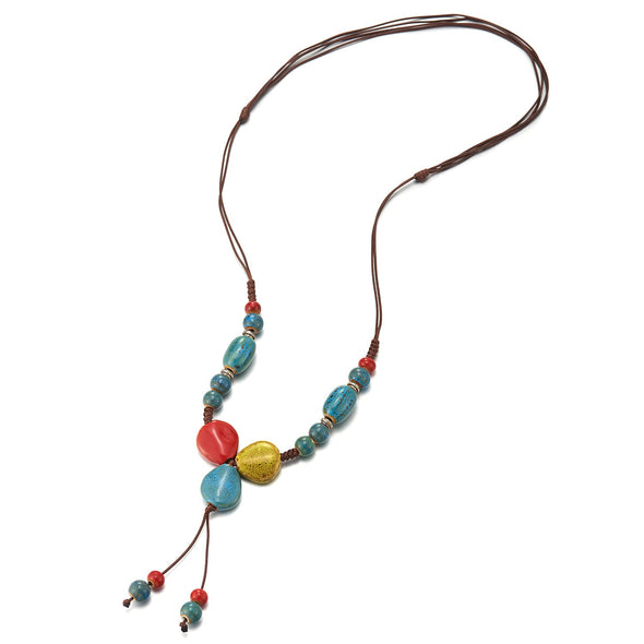 Brown Statement Necklace Oxidized Red Blue Yellow Ceramic Beads String Y-Shape Drop Dangle Pendant - COOLSTEELANDBEYOND Jewelry