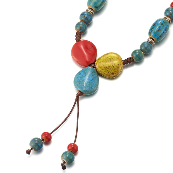 Brown Statement Necklace Oxidized Red Blue Yellow Ceramic Beads String Y-Shape Drop Dangle Pendant - COOLSTEELANDBEYOND Jewelry