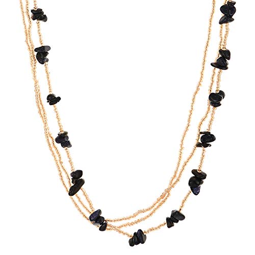 Champagne Gold Bead Necklace Long Chains Dark Blue Irregular Glitter Sand Stone - coolsteelandbeyond