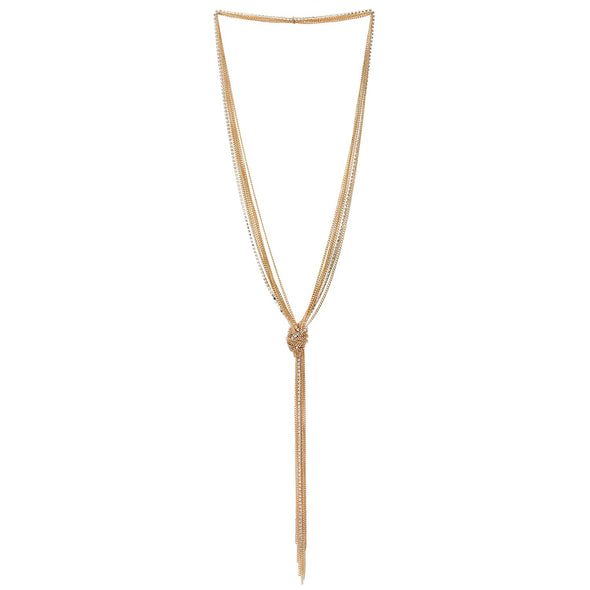 Chic Gold Lariat Necklace Tassel Pendant with Rhinestones, Multi-strand Long Chains Y-Shape