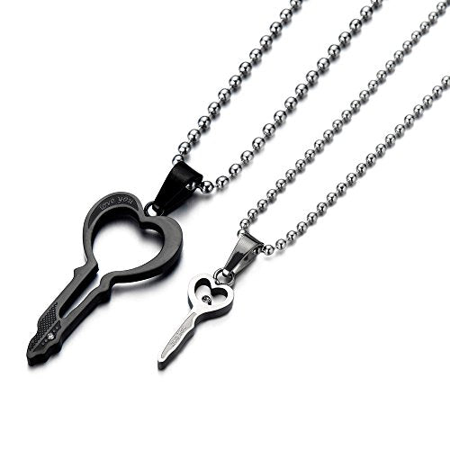 A Pair Key Pendant Necklace for Lovers for Couples Stainless Steel Silver Black Tow-Tone