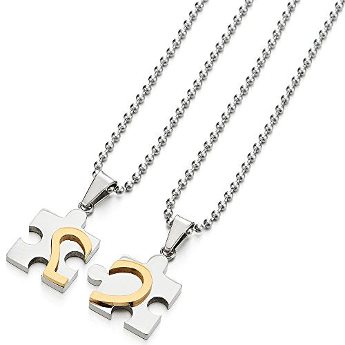 A Pair Stainless Steel Heart Puzzle Pendant Necklace for Lovers Couples Mens Womens Polished - COOLSTEELANDBEYOND Jewelry