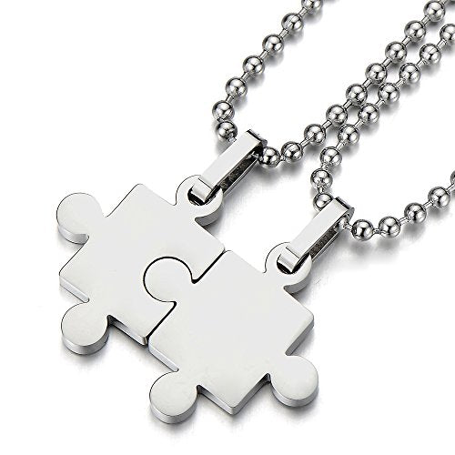 A Pair Stainless Steel Puzzle Pendant Necklace for Lovers Couples Mens Womens Polished - COOLSTEELANDBEYOND Jewelry
