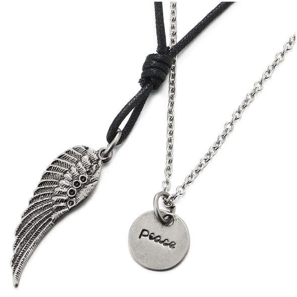 Angel Wing Anti-war Peace Sign Coin Pendant Two-Row Black Cotton Rope Rolo Link Chain Necklace