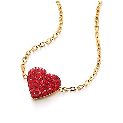 COOLSTEELANDBEYOND Beautiful Red Cubic Zirconia Love Heart Pendant Necklace with 18 inches Gold Color Rope Chain - COOLSTEELANDBEYOND Jewelry