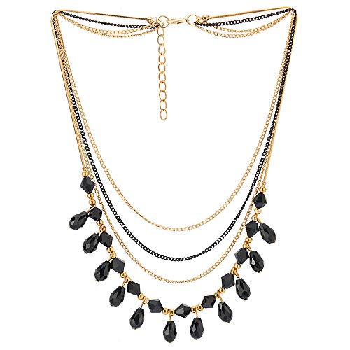 COOLSTEELANDBEYOND Black Gold Prom Choker Collar Necklace Waterfall Multi-Strand Chains Teardrop Crystal Beads Pendant - coolsteelandbeyond