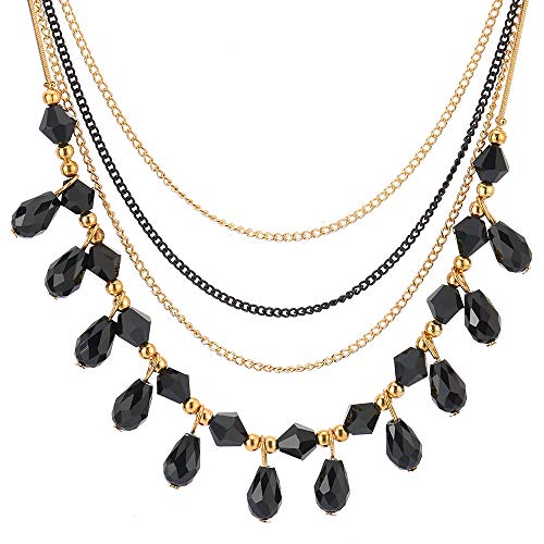 COOLSTEELANDBEYOND Black Gold Prom Choker Collar Necklace Waterfall Multi-Strand Chains Teardrop Crystal Beads Pendant - coolsteelandbeyond