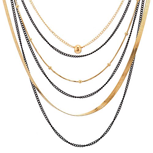 COOLSTEELANDBEYOND Black Gold Statement Choker Collar Necklace Waterfall Multi-Strand Chains Ball Charms Pendant, Dress - coolsteelandbeyond