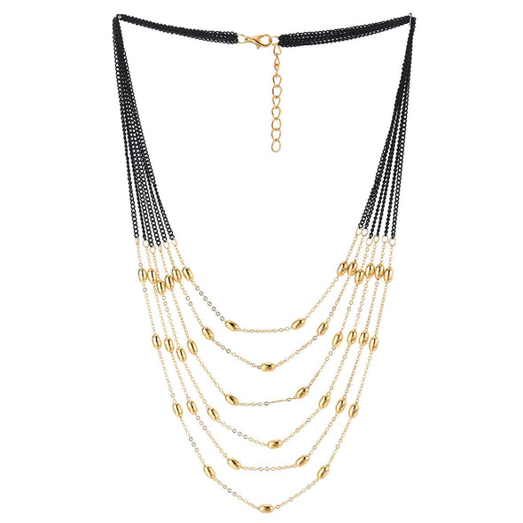 Black Gold Statement Necklace Waterfall Multi-Strand Long Chain with Beads Charms Pendant, Dress - COOLSTEELANDBEYOND Jewelry