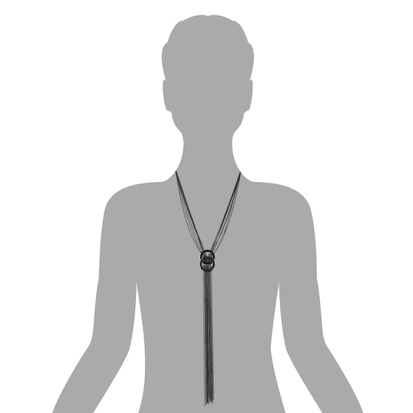 Black Multi-Strand Chains Necklace Two Interlocking Circles Charm Long Tassel Pendant - COOLSTEELANDBEYOND Jewelry