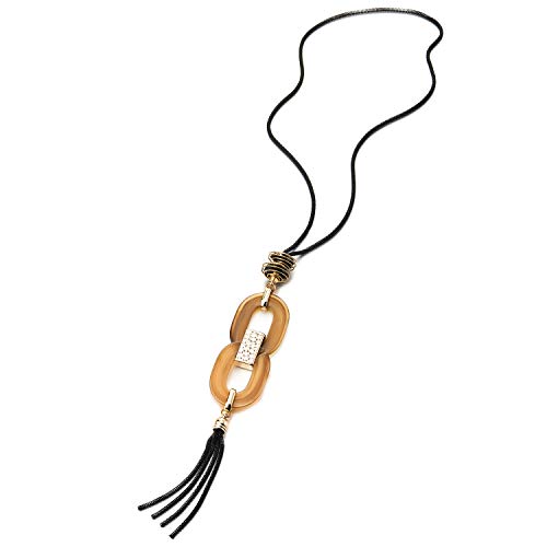 COOLSTEELANDBEYOND Black Statement Necklace Long Chain Y-Shape with Amber Brown Color Oval Charm Pendant and Tassel - coolsteelandbeyond