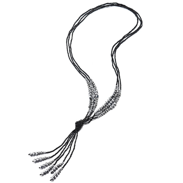 Boho Chic Lariat Necklace Tassel Pendant Black Silver Crystal Bead Three-Strand Long Chain Y-Shape - COOLSTEELANDBEYOND Jewelry