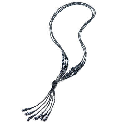 Boho Chic Lariat Necklace Tassel Pendant Dark Blue Crystal Bead Three-Strand Long Chain Y-Shape - COOLSTEELANDBEYOND Jewelry