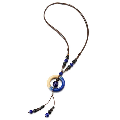Boho Ethnic Long Necklace Wood Beads Black Blue Gem Stone String with Circle Charm - COOLSTEELANDBEYOND Jewelry